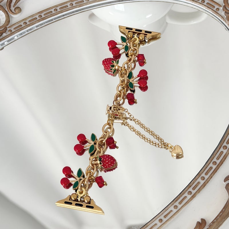 Stylish Golden Red Cherry And Strawberry Fruit Pendant Metal Watch Band For Women Compatible With Apple Watch 42 44 45 49 46mm S10 S11 - Image 1