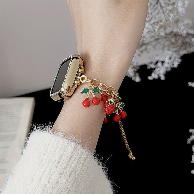 Stylish Golden Red Cherry And Strawberry Fruit Pendant Metal Watch Band For Women Compatible With Apple Watch 42 44 45 49 46mm S10 S11 - Image 5