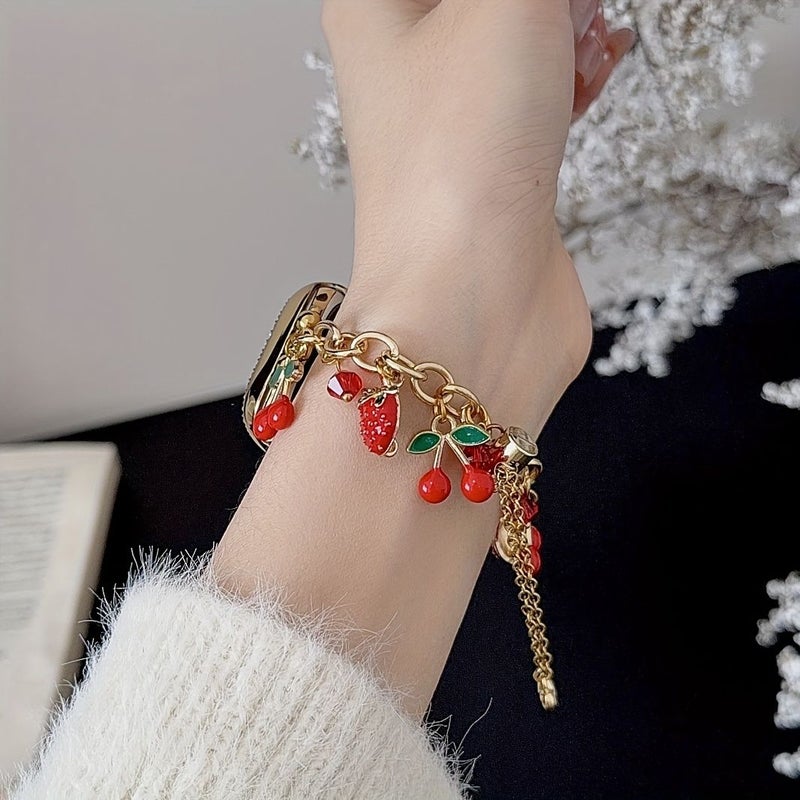Stylish Golden Red Cherry And Strawberry Fruit Pendant Metal Watch Band For Women Compatible With Apple Watch 42 44 45 49 46mm S10 S11 - Image 4