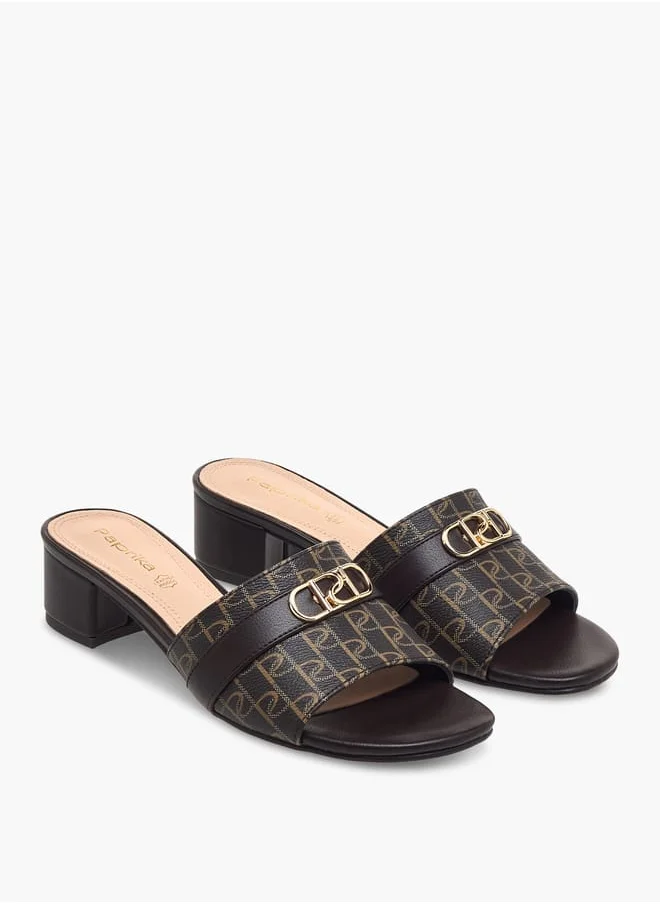 Paprika Women Monogram Print Slip-On Sandals with Block Heels