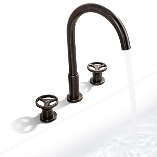 SKOWLL Bathroom Faucet 3 Hole Double Handle Bathroom Sink Faucets High Arch 8 Inch Widespread Industrial with 360 Swivel Spout Oil Rubbed Bronze Finish - Image 1