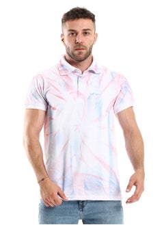 Andora Tri-Tone Tie Dye Buttoned Polo Shirt - White, Red & Blue  - Image 1