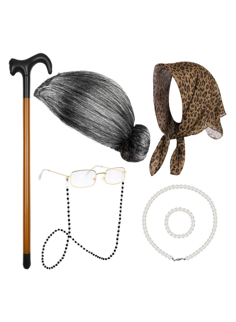 CMGTYYD 100 Days of School Old Lady Cosplay Set, Kids 100 Days of School Grandma Wigs, With Wig, Glasses, Faux Pearl Necklace, Bracelet, Inflatable Canes, Kerchief (7 Pieces)  - Image 1