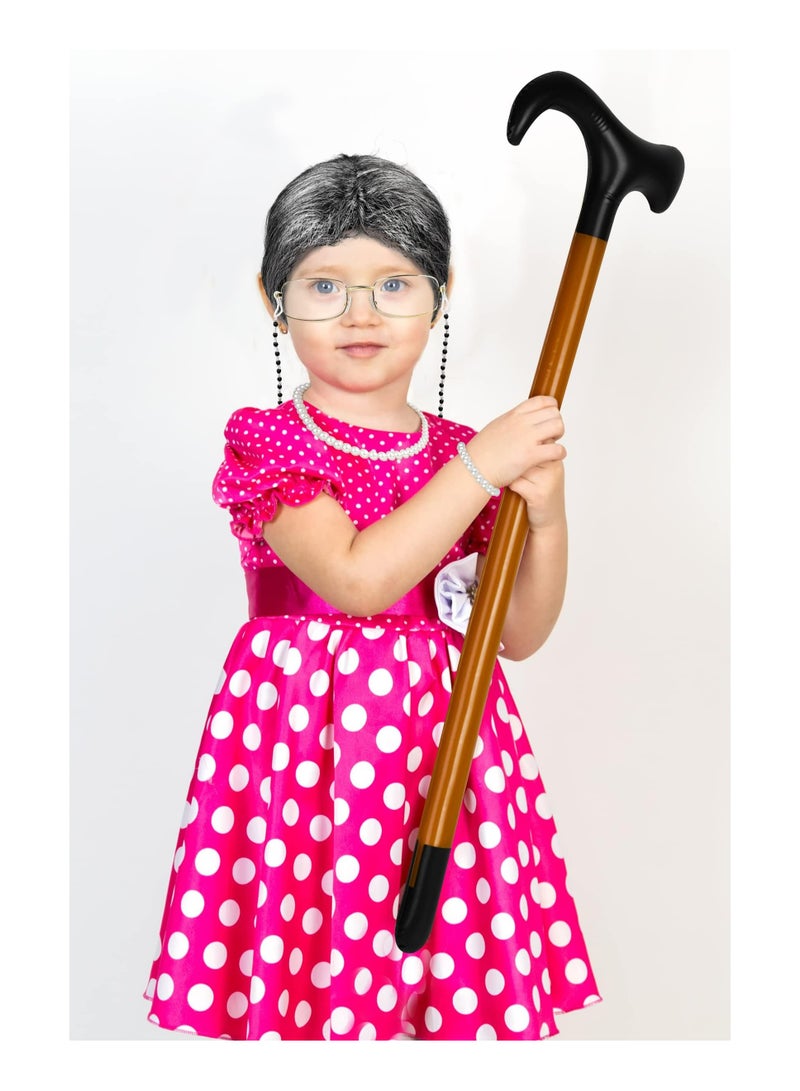 CMGTYYD 100 Days of School Old Lady Cosplay Set, Kids 100 Days of School Grandma Wigs, With Wig, Glasses, Faux Pearl Necklace, Bracelet, Inflatable Canes, Kerchief (7 Pieces)  - Image 5
