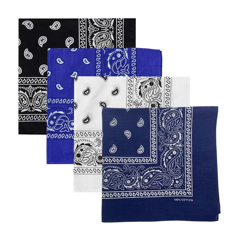 DIKHAWA Unisex Soft Breathable Cotton Paisley Printed Cowboy Bandanas,Headband,Scarf (BLACK,ROYAL BLUE,WHITE,NAVY_50CM X 50CM_Pack of 4) - Image 1