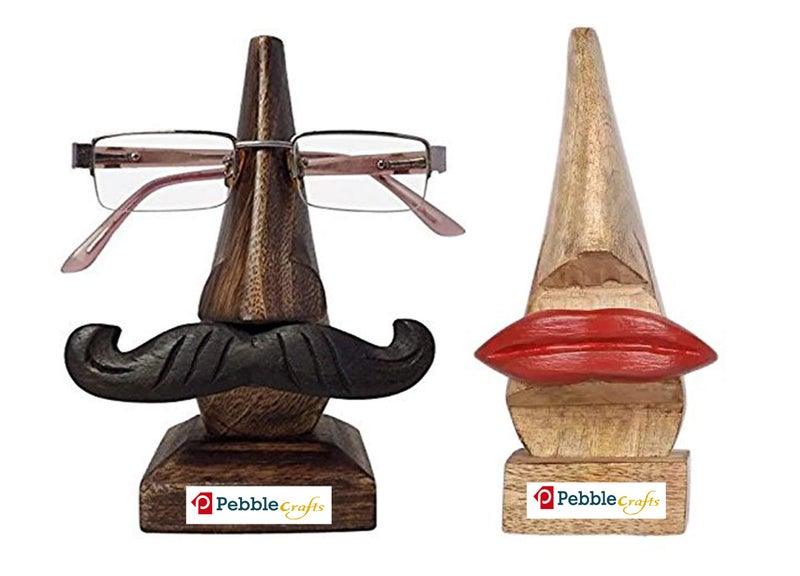 PEBBLECRAFTS Handmade Wooden Nose Shaped Spectacle Specs Eyeglass Holder Stand with Red Lips and Black Mustache (Antique) , 2.25 x 2.25 x 6 inches - Image 1