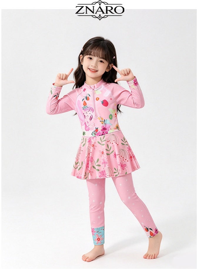 ZNARO 1 Piece Children's Swimsuit, One-Piece Long Pants Long Sleeve Swimsuit for Middle-Aged Girls, Sun Protection Swimwear Conservative Girls Swimsuit - Image 2