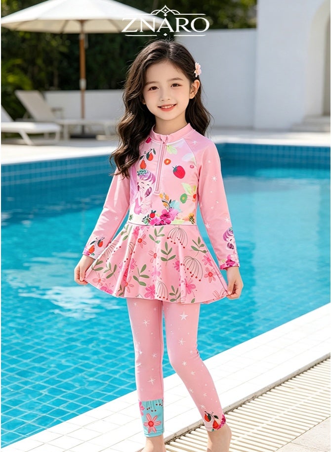 ZNARO 1 Piece Children's Swimsuit, One-Piece Long Pants Long Sleeve Swimsuit for Middle-Aged Girls, Sun Protection Swimwear Conservative Girls Swimsuit - Image 1