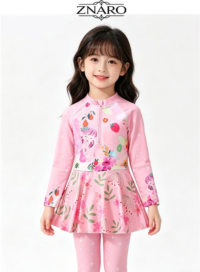 ZNARO 1 Piece Children's Swimsuit, One-Piece Long Pants Long Sleeve Swimsuit for Middle-Aged Girls, Sun Protection Swimwear Conservative Girls Swimsuit - Image 3