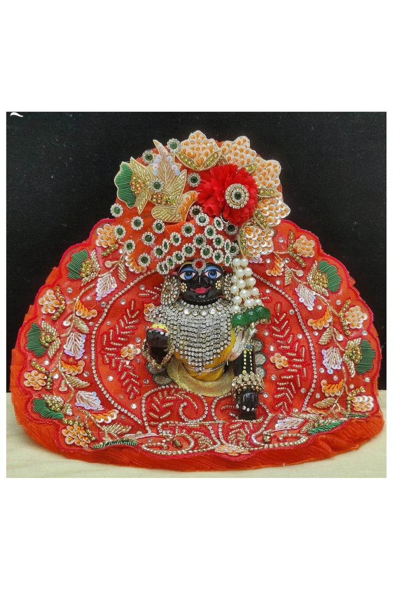 Janmashtmi Special/ Laddu Gopal poshak /Beautiful floral patterns in red and orange color with green leaf accents and ornate peacock motifs meticulously arranged in traditional style ; Size ; 8 inches, comes with Pagdi and duppatta