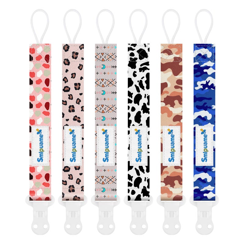 Smlpuame Pacifier Clip for Baby Boys Girl,6 Pack Stylish Binky Clips Strap,Paci Holder with Clips Universal Lightweight Fits Most Pacifiers Teeher Toy Teething Ring,Baby Gifts(Boho & Leopard & Camo) - Image 1