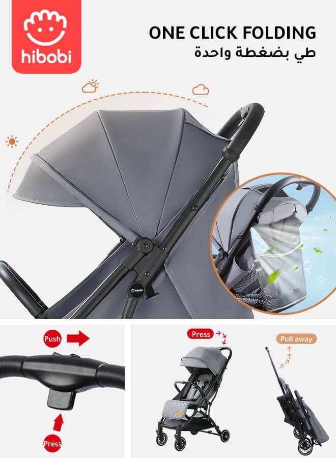 hibobi Lightweight One-Click Fold Stroller - Luggage-Style Dragging, Newborn Baby Stroller, 0-6 Years, 60KG Capacity, Grey, Single Stroller - Image 3