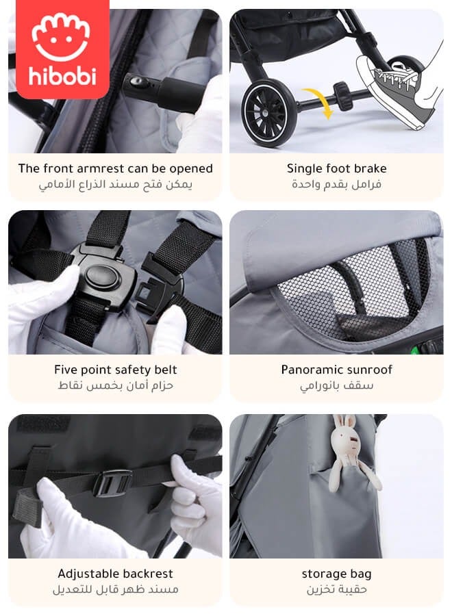 hibobi Lightweight One-Click Fold Stroller - Luggage-Style Dragging, Newborn Baby Stroller, 0-6 Years, 60KG Capacity, Grey, Single Stroller - Image 5