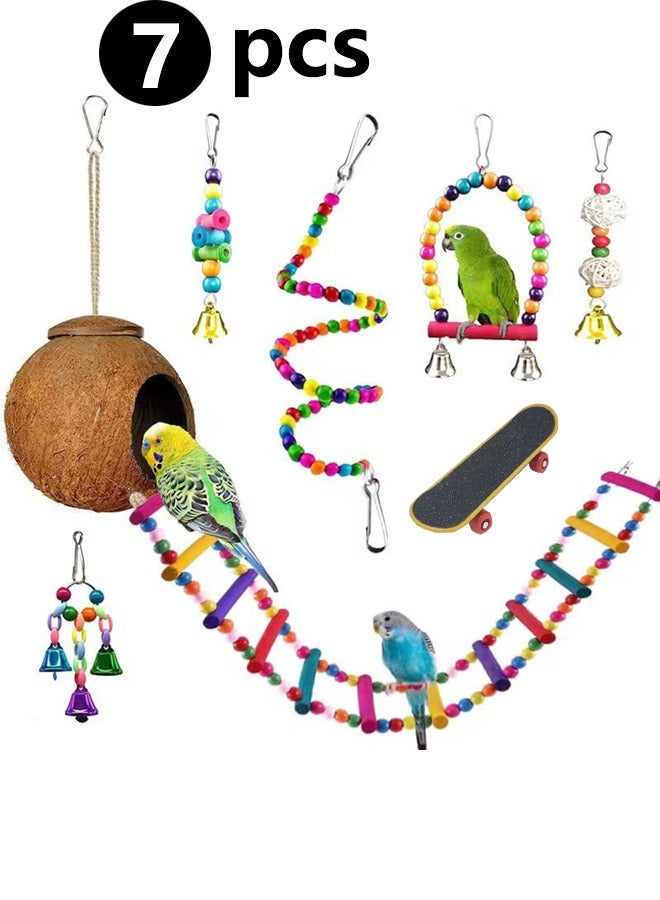 Generic 7-Piece Bird Swing Chewing Toy Set  for Cage, Budgie Cage Toys, Bird Cage Accessories, Hammock Swing Hanging Accessories for Cockatiels, Conures, Lovebirds, Hummingbird, Finches - Image 1