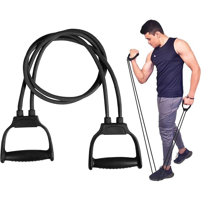 Khargadham PREMIUM DOUBLE TONING TUBE HEAVY QUALITY RESISTANCE TUBE FOR EXERCISE/STRETCHING, FULL BODY WORKOUT, HOME GYM RESISTANCE TUBE FOR EXERCISE AND TONING FOR MEN AND WOMEN (BLACK) - Image 3