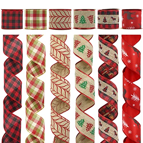 MEEDEE Burlap Wired Ribbon 25 Inch 6 Rolls 36 Yards Buffalo Plaid Ribbon for Wreaths Tree Decorations Ribbon Garland