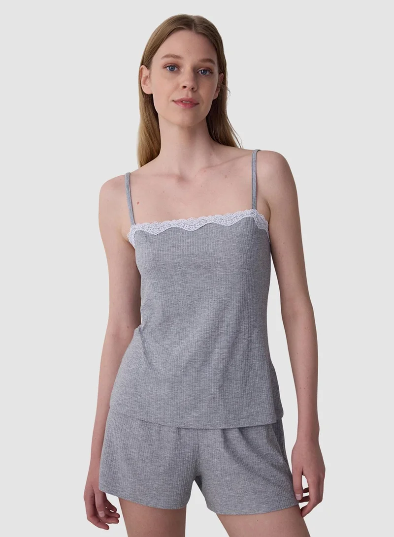 Penti Gray Mélange Lilah Lace Detailed Adjustable Strap Shorts Pyjama Set