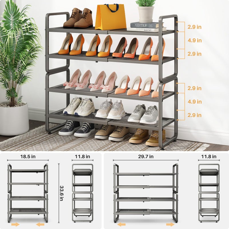 SNTD Shoe Rack - Expandable Shoe Organizer for Closet, Adjustable Metal Shoe Shelf Storage, Stackable Long Shoe Stand Holder for Garage, Entryway, Door Entrance (Grey, 4-Tier) - Image 3