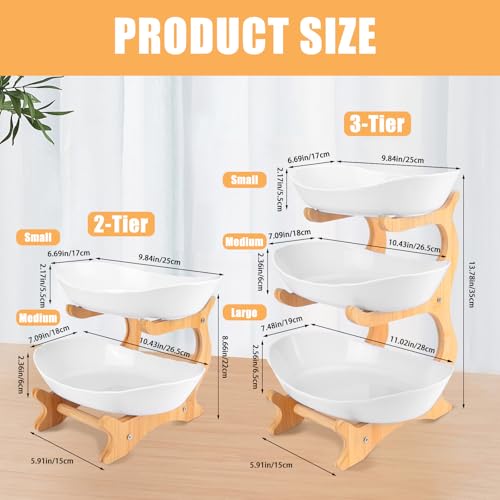 RETON 2 Tier Fruit Bowl for Kitchen Countertop, Plastic Fruit Basket Rack with Bamboo Wood Stand for Tiered Vegetable Storage Tray, Salad Cake Snack Dessert Party (White) - Image 2