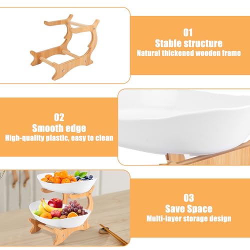 RETON 2 Tier Fruit Bowl for Kitchen Countertop, Plastic Fruit Basket Rack with Bamboo Wood Stand for Tiered Vegetable Storage Tray, Salad Cake Snack Dessert Party (White) - Image 4