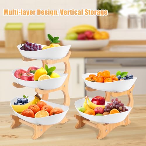 RETON 2 Tier Fruit Bowl for Kitchen Countertop, Plastic Fruit Basket Rack with Bamboo Wood Stand for Tiered Vegetable Storage Tray, Salad Cake Snack Dessert Party (White) - Image 3