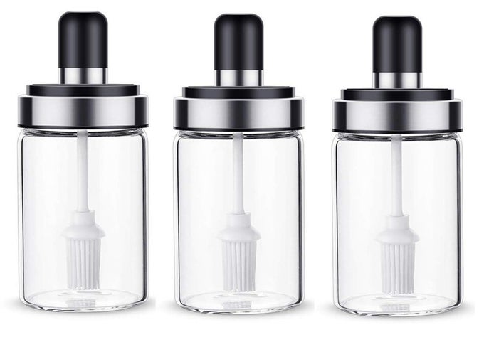 KITCHEN HIGH BOROSILICATE GLASS SPICE JARS SEASONNING BOX JAR CONDIMENT JAR, COMBINATION SPOON AND LID DESIGN, PREMIUM COMMERCIAL GRADE, FOR KITCHEN USE 250ML (3 PCS, BRUSH SPOON)