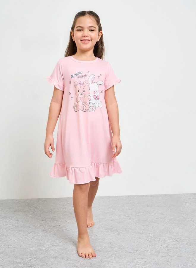 Styli Girls Pink Graphic Print Ruffle Knee-Length Nightdress