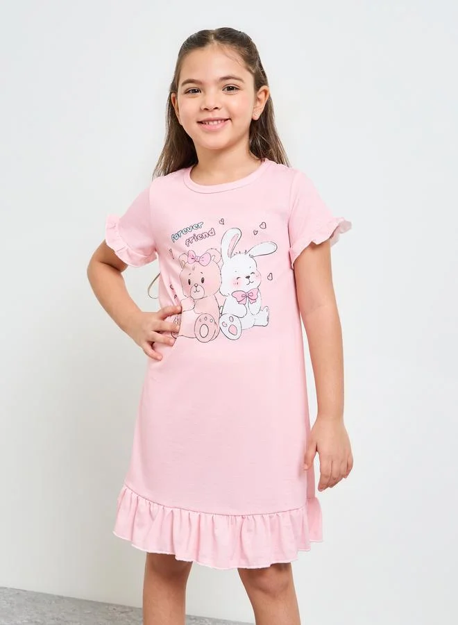 Styli Girls Pink Graphic Print Ruffle Knee-Length Nightdress