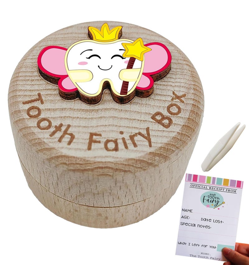 PAMBO Baby Tooth Fairy Box 3D Tooth Box Keepsake Holder for Lost Tooth Kids Gifts  Wooden Tooth Holder  Organizer  Pink - Image 1