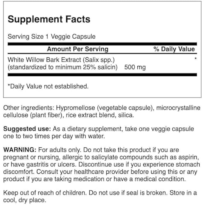Swanson Maximum Strength White Willow Bark Extract-Promotes Joint Support & Muscle Relief-Standardized to 25% Salicin-Natural Supplement with No Stomach Irritation (60 Veggie Caps, 500mg Each) - Image 2
