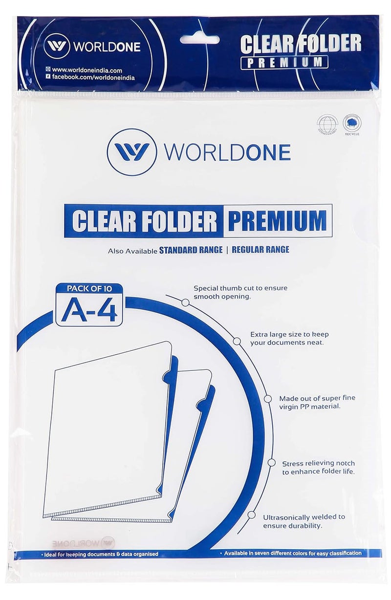 WORLDONE Clear L Folder, Made of fine Virgin 140 Micron, Ideal for Keeping documents & Data Organised, Color Transparent Natural White, Size A4, Pack of 20 Pieces - Image 1