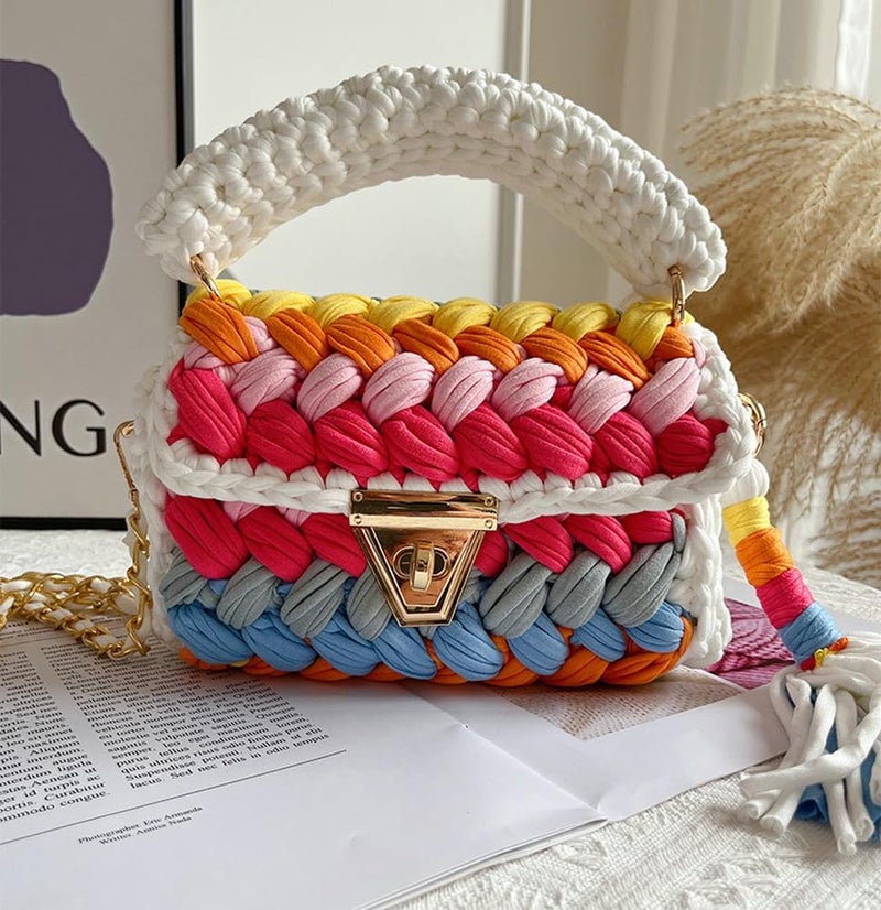 Hzxsny Chunky Yarn Knit Crochet Tote Purse Crossbody Shoulder Bag - Handwoven Evening Clutch Flap Bag - Image 2