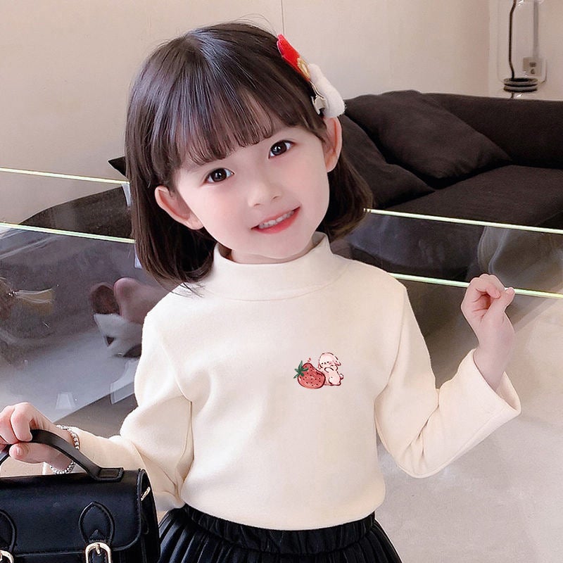 Girls' Semi-High Collar Velvet Casual Long-Sleeved T-Shirt Autumn New Arrival Medium And Large Children'S Wear Cartoon Printed Western Style Girls' Trendy T-Shirt - Image 1