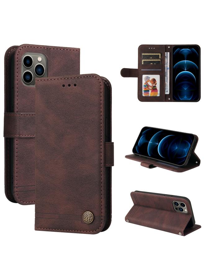 Zaboon Case For iPhone 12 Pro Max Skin Feel Life Tree Metal Button Horizontal Flip Leather Case with Holder & Card Slot & Wallet & Photo Frame & Strap - Image 1