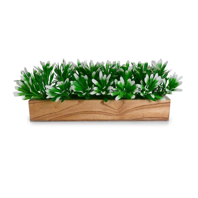 Artificial Plant Leaves in a Stylish Wooden Planter Perfect Home Dcor Item Height 14cm x Width 30 cm