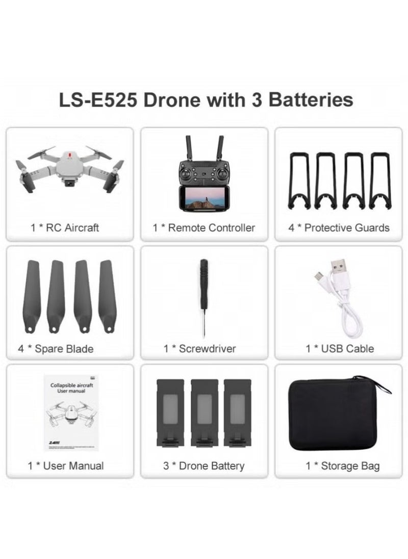 LS-E525 واي فاي FPV 4K كاميرا بدون طيار وضع بدون رأس كاميرا مزدوجة بدون طيار 3 بطاريات رمادي فضي مناسبة للمبتدئين والأطفال  - Image 5