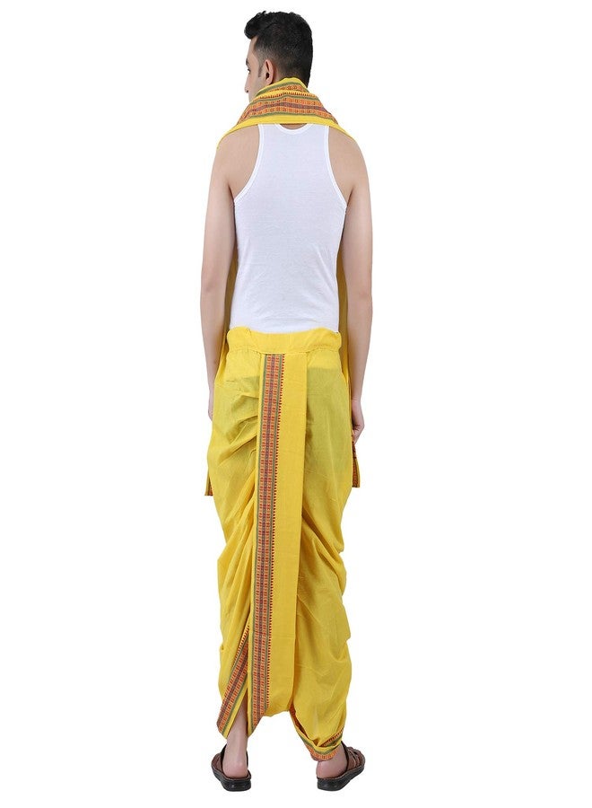 PRAKASAM COTTON Men's PanchakachamReady made (Ready to wear) dhoti towel set with pocket- free size (Yellow) - Image 3
