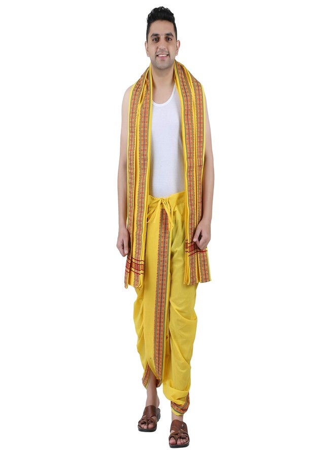 PRAKASAM COTTON Men's PanchakachamReady made (Ready to wear) dhoti towel set with pocket- free size (Yellow) - Image 2
