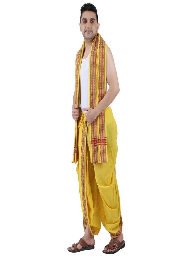 PRAKASAM COTTON Men's PanchakachamReady made (Ready to wear) dhoti towel set with pocket- free size (Yellow) - Image 1