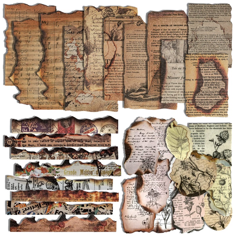 Vintage Burnt Edge Style Retro Scrapbook Paper Set Antique Music Score Decorative Paper Antique Plant Scrapbook Paper with Stickers for Diary Journal Card Making Paper Craft DIY Cutting Flame