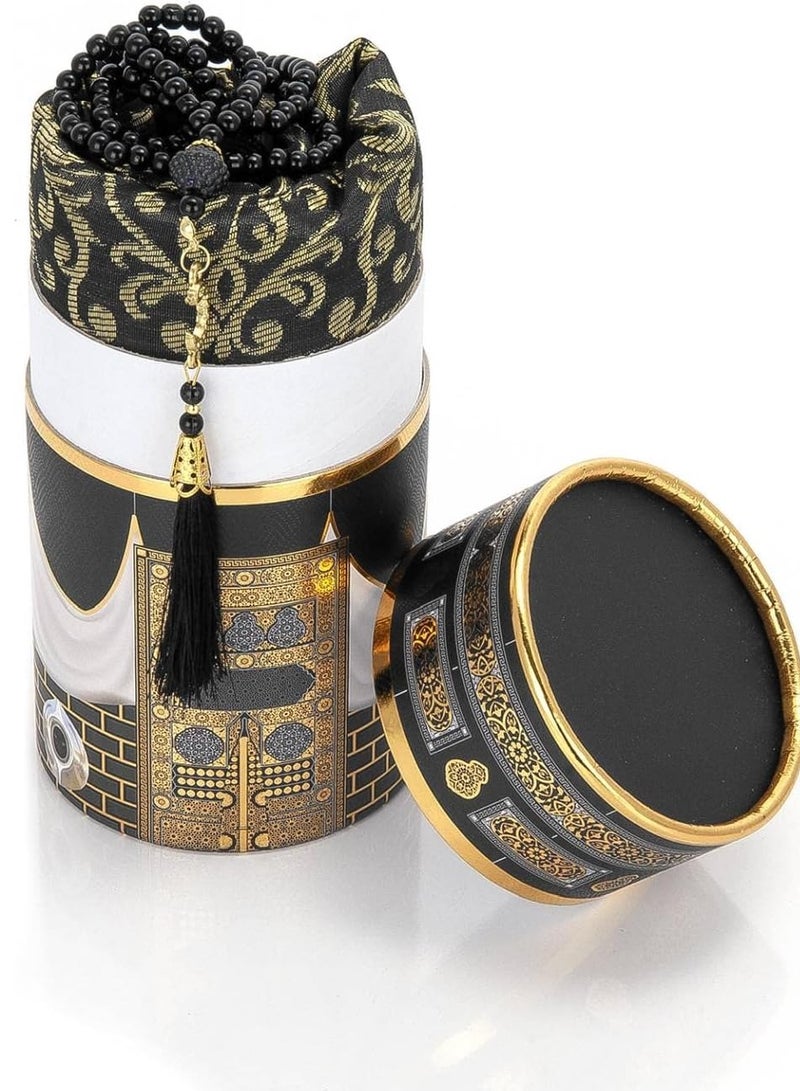 Globalests Muslim Prayer Rug and Beads with Elegant Design Cylinder Gift Box | Janamaz Sajadah Soft Islamic Gifts Set Carpet Mat, Taffeta Fabric, Black  - Image 1
