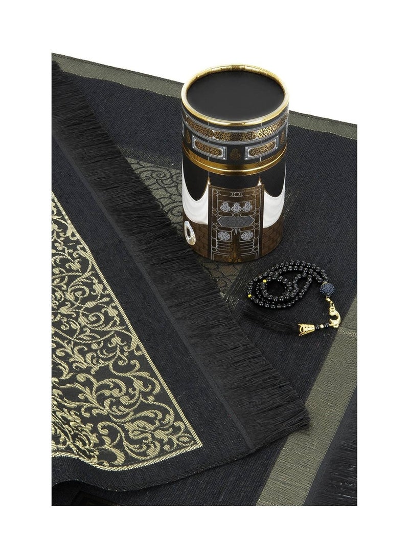 Globalests Muslim Prayer Rug and Beads with Elegant Design Cylinder Gift Box | Janamaz Sajadah Soft Islamic Gifts Set Carpet Mat, Taffeta Fabric, Black  - Image 3