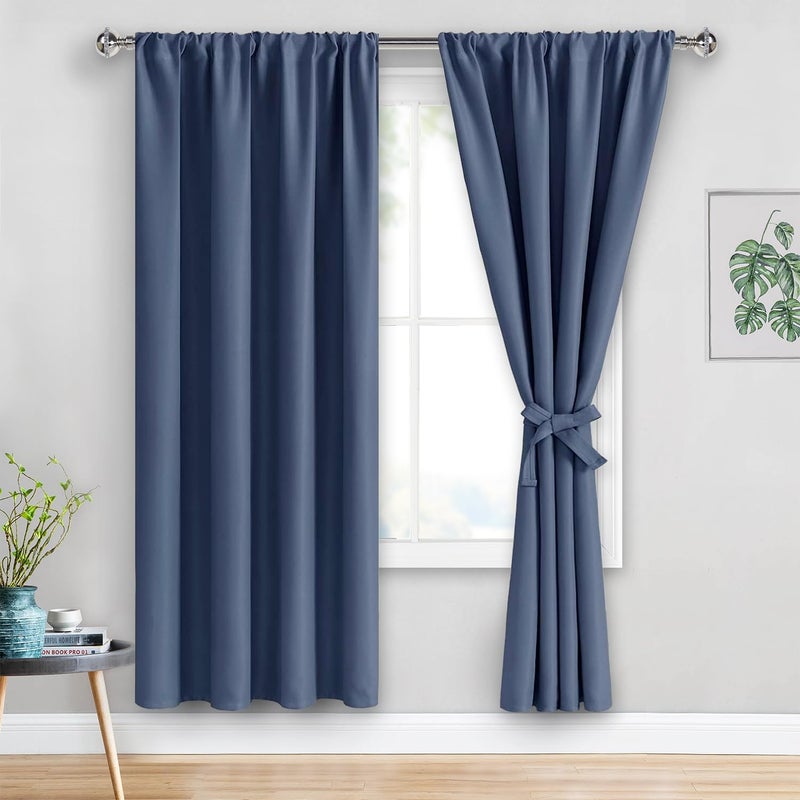 JIUZHEN Blackout Curtains for Bedroom - Thermal Insulated Room Darkening Rod Pocket Curtains for Living Room  Set of 2 Panels with Tiebacks  38 x 72 Inch Length  Dusty Blue - Image 1