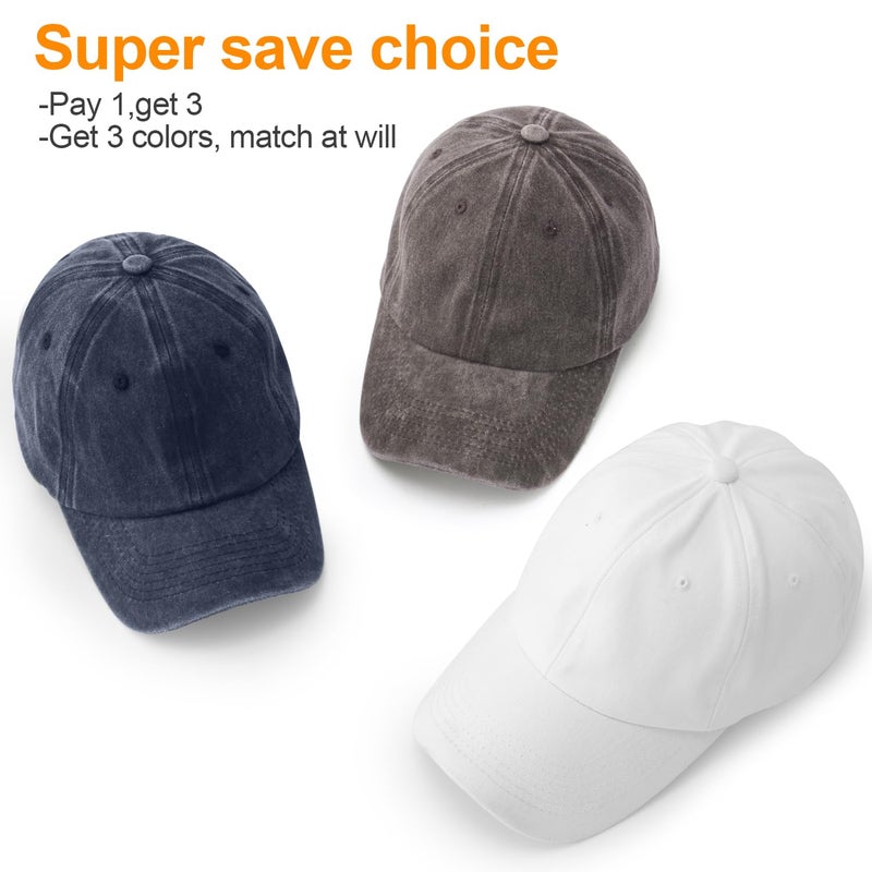 MEINICY 3 Pack Washed Plain Baseball Cap, Retro Adjustable Dad Hats Gift for Men/Women,Unstructured/Cotton(Black + Navy Blue+ Brown) - Image 2