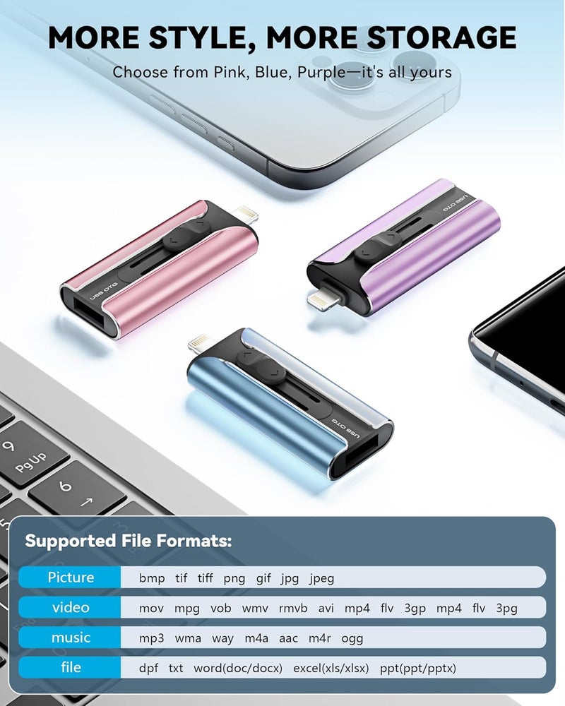 محرك أقراص فلاش معتمد MFi سعة 256 جيجابايت لهاتف آيفون، عصا صور، محرك ذاكرة USB عالي السرعة لمحرك أقراص فلاش آيفون للصور والفيديوهات، محرك تخزين خارجي قفزي لهاتف آيفون/آيباد/أندرويد/كمبيوتر (أزرق) - Image 5