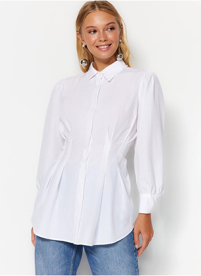 White Waisted Woven Shirt with Pearl Detail TCTAW24TG00027 - pzsku/Z1F31C20155CB7048F881Z/45/_/1730941586/31bcc6bd-4d41-46b8-9261-0994e9a52829