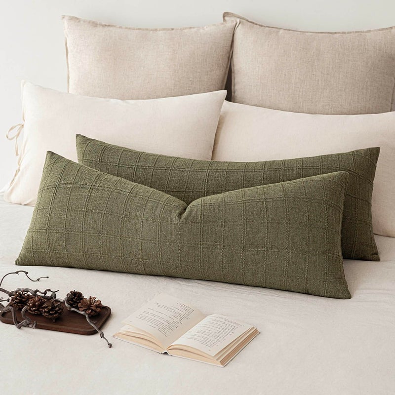 Foindtower Set of 2 Decorative Linen Check Throw Pillow Covers Neutral Long Body Lumbar Cushion Covers Farmhouse Vintage Boho Home Decor for Sofa Chair Couch Bedroom Living Room1436 InchSage Green