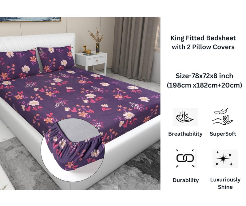 RD TREND Presents Elastic Bedsheets for King Size Bed (78X72X8 Inch),Glace Cotton 210 TC with 2 Pillow Covers(18 X 28 Inch) Color- Purple White Pattern-Floral - Image 2