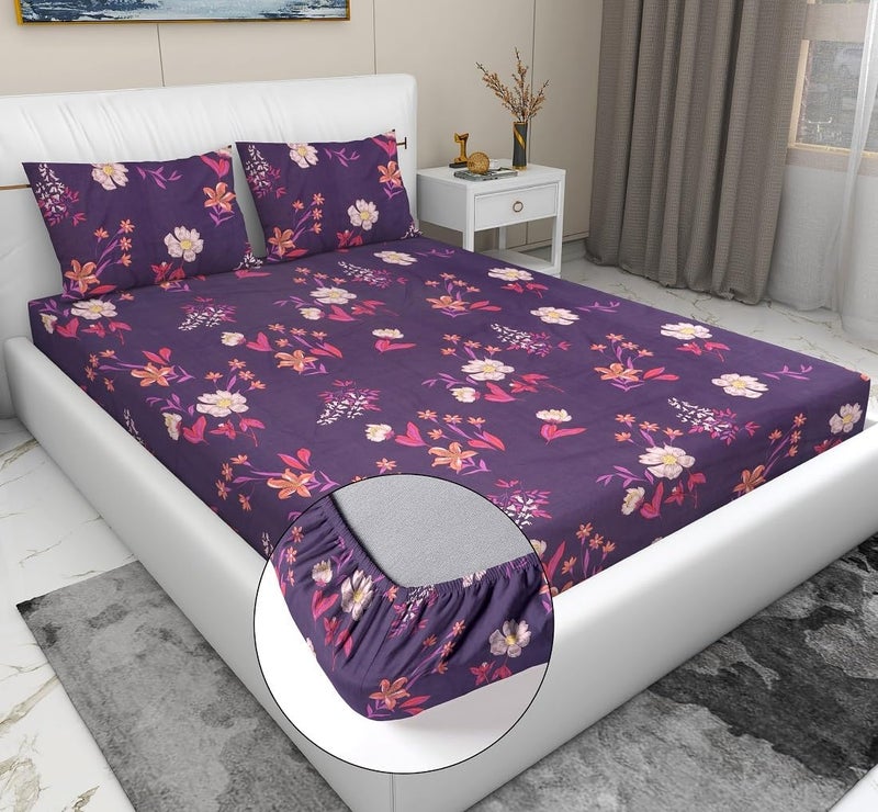 RD TREND Presents Elastic Bedsheets for King Size Bed (78X72X8 Inch),Glace Cotton 210 TC with 2 Pillow Covers(18 X 28 Inch) Color- Purple White Pattern-Floral - Image 1