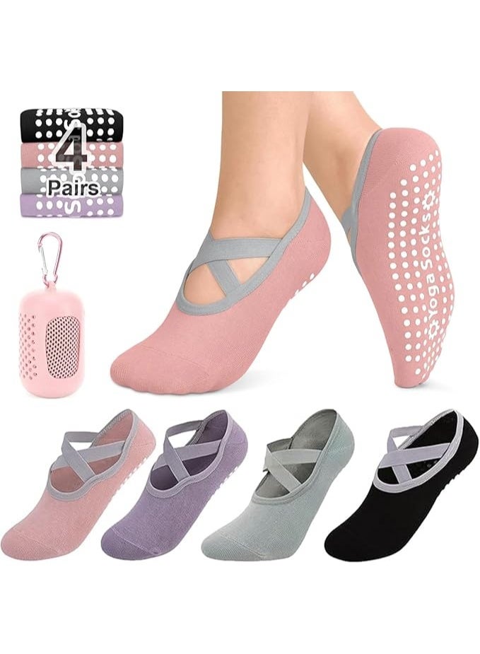 Yoga Socks for Women，4 PCS Non-Slip Grip Pilates Socks and 1 Cooling towel，Breathable Material&Breathable, Moisture-Wicking Grip Socks for Pilates, Ballet, Barre & Athletic Workouts - Image 1